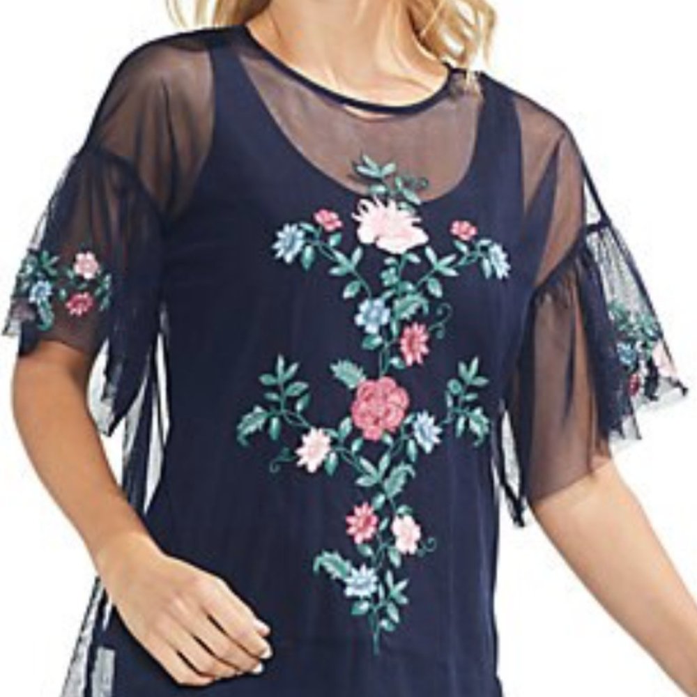NWT Vince Camuto Navy Floral Mesh Top Sz Small